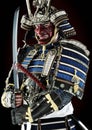 Portrait of a Samurai Japanese warrior wearing traditional light armor and wielding a katana.