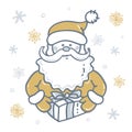 Portrait of Santa Claus with gift the background of snowflakes in gold - silver tones