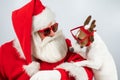 Portrait of santa claus in sunglasses and dog jack russell terrier in rudolf reindeer ears on a white background. Royalty Free Stock Photo