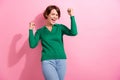 Portrait of satisfied overjoyed woman with short hair wear stylish clothes shouting yeah win gambling isolated on pink