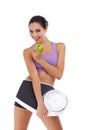 Portrait, scale and woman with nutrition, apple and healthy model isolated on white studio background. Exercise, girl or