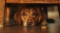 Portrait of scared dog hiding under chair looking worried Royalty Free Stock Photo