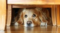 Portrait of scared dog hiding under chair looking worried Royalty Free Stock Photo