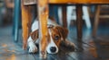 Portrait of scared dog hiding under chair looking worried Royalty Free Stock Photo