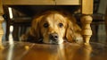 Portrait of scared dog hiding under chair looking worried Royalty Free Stock Photo