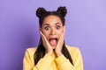 Portrait of scared impressed lady hands face open mouth wear yellow sweater isolated on lilac color background