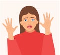 Scared, panicked woman with horror face and two hand gestures. vector illustration