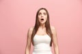 Portrait of the scared woman on pink Royalty Free Stock Photo