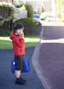 Portrait School boy eating red apple, Active school kid standing outside waiting for school bus in the morning, Back to school Royalty Free Stock Photo