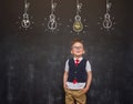 Portrait of school child businessman thinking about solution. Bright idea. Innovation. Kid with eyes looking up on bulb Royalty Free Stock Photo