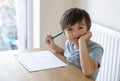 Portrait of school kid siting on table doing homework, Happy Child boy holding pencil and looking camera with smiling face, Royalty Free Stock Photo