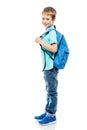 portrait of a schoolboy with a backpack side view on a white background in full length