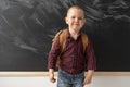 Portrait of a schoolboy boy who is standing in front of the blackboard and smiling. The blackboard is clean with traces Royalty Free Stock Photo