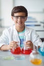 Portrait of schoolboy doing a chemical experiment in laboratory Royalty Free Stock Photo