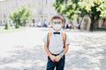 Portrait of schoolboy in glasses and butterfly wearing medicine mask Royalty Free Stock Photo