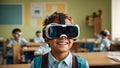 portrait a schoolboy wearing virtual reality simulator at school augmented interactive