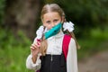 Portrait of a schoolgirl in a surgical mask. Concept of coronavirus COVID-19. Schoolgirl wearing medical face mask to health Royalty Free Stock Photo