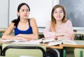 Portrait schoolgirl who is envying her successful girlfriend at the desk