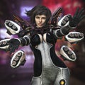 Portrait of a sci-fi female ranger with short brown hair in action, wearing futuristic battle armor.Science fiction