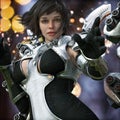 Portrait of a sci-fi female ranger with short brown hair in action, wearing futuristic battle armor.Science fiction