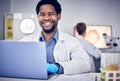 Portrait, scientist and black man with laptop, laboratory and research for healthcare. Male, researcher or science for