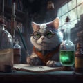 A portrait of a scientist cat in glasses writing an experiment results with magic pen in a laboratory. Created with Generative AI