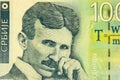 Portrait of scientist and inventor Nikola Tesla on bank note 100 Serbian dinars