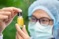 Portrait of scientist with mask, glasses researching and examining hemp oil in a greenhouse. Concept of herbal alternative