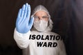 Portrait of scientist virologist wearing protective suit, glasses and respirator showing STOP gesture. Concept of