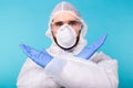 Portrait of scientist virologist wearing protective suit, glasses and respirator showing STOP gesture with two crossed