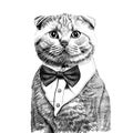 Portrait of scottish fold cat in bow tie gentleman sketch hand drawn sketch, engraving style Royalty Free Stock Photo