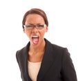 Portrait, screaming and black woman with business, angry and employee isolated on a white studio background. Face