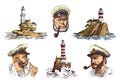 Portrait of a sea captain. Marine old sailor and Lighthouse. Bluejacket, whistle and seaman with beard or men seafarer Royalty Free Stock Photo