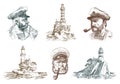 Portrait of a sea captain. Marine old sailor and Lighthouse. Bluejacket, whistle and seaman with beard or men seafarer