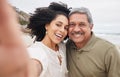 Portrait, selfie of woman and mature father at beach on vacation, holiday or travel outdoor. Face, picture and dad with Royalty Free Stock Photo