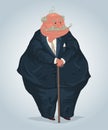 Portrait of senior businessman with mustache and stick, wearing dark blue suit. Banker cartoon character. Business, finance, money