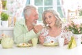 Portrait of senior couple having breakfast at home Royalty Free Stock Photo