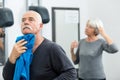 Portrait senior couple in locker-room before gym Royalty Free Stock Photo