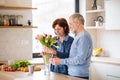 A portrait of senior couple in love indoors at home, unpacking shopping. Royalty Free Stock Photo