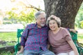 Portrait senior couple. Old man and old woman love each other Elderly man and elderly woman get happiness with smile face at park Royalty Free Stock Photo