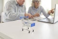 Senior couple calculating finances or planning purchases with a shopping cart in the foreground. Royalty Free Stock Photo