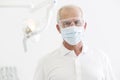 Portrait of senior dentist wearing mask and glasses at dental clinic