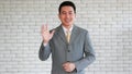 Portrait of a senior elegant standing lean wall and looking businessman in a grey polite suit posing to camera with friendly face