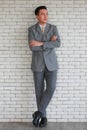 Portrait of a senior elegant standing lean wall and looking businessman in a grey polite suit posing to camera with friendly face