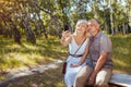 Portrait of senior family couple taking selfie using smartphone in summer forest. Elderly people rest sitting on bench Royalty Free Stock Photo