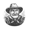 Portrait of senior Farmer in hat drawn in vintage engraving style. Farm, agriculture trend. Sketch vector illustration