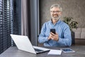 Portrait of a senior male businessman working in the office with a laptop and documents, holding a mobile phone and Royalty Free Stock Photo