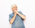 portrait senior mature man, looking shocked, scared trying to protect himself in anticipation of unpleasant situation Royalty Free Stock Photo