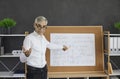Portrait of senior teacher standing in front of classroom board during online class Royalty Free Stock Photo