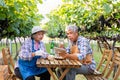 Portrait of senior winemaker holding in his hand a glass of new white wine. Smiling happy elderly couple enjoying a picnic